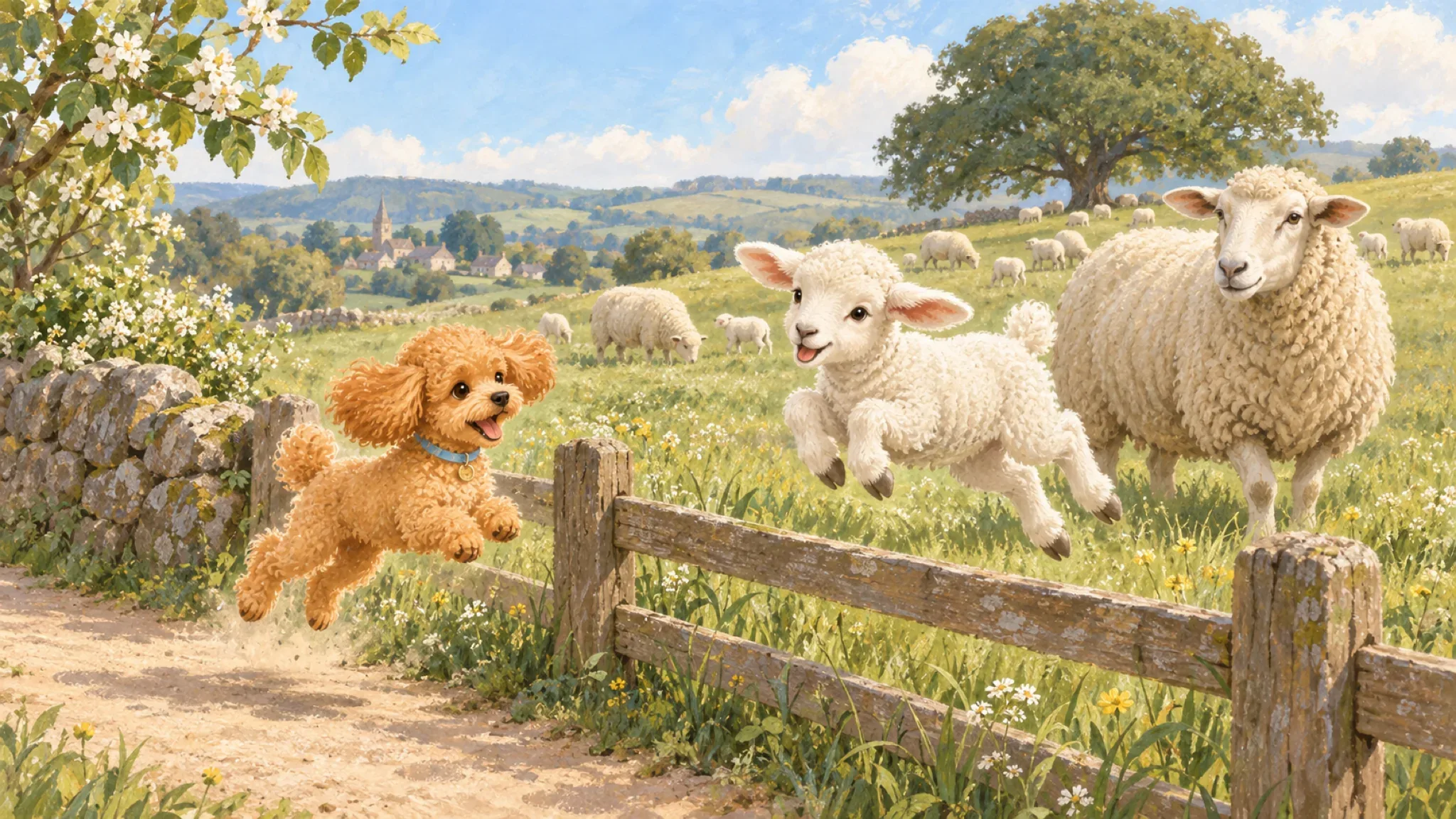 Lola and a playful lamb beside a sunny meadow.