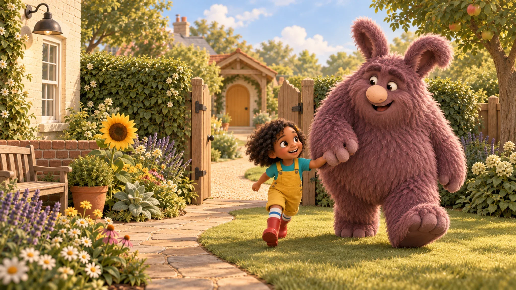Nell in yellow overalls holds hands with her enormous mauve friend Rumble in their sunny garden.