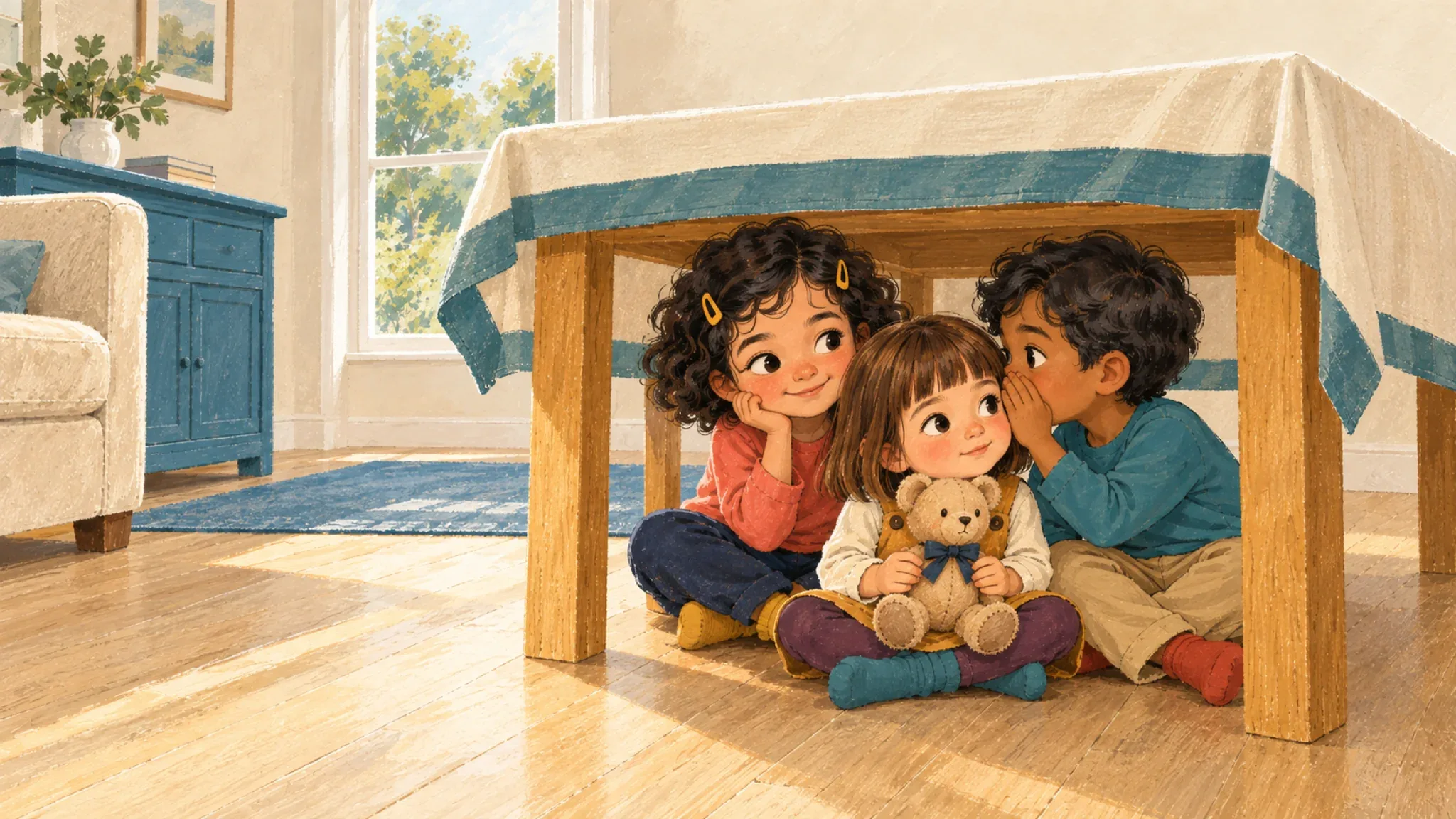 Ada, Kit with her teddy bear Ted, and Sami share a quiet moment beneath the table.