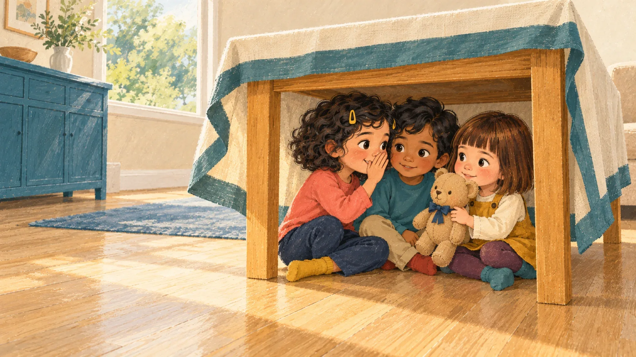 Ada whispers to Sami while Kit holds her teddy bear beneath a cream tablecloth with a teal border.